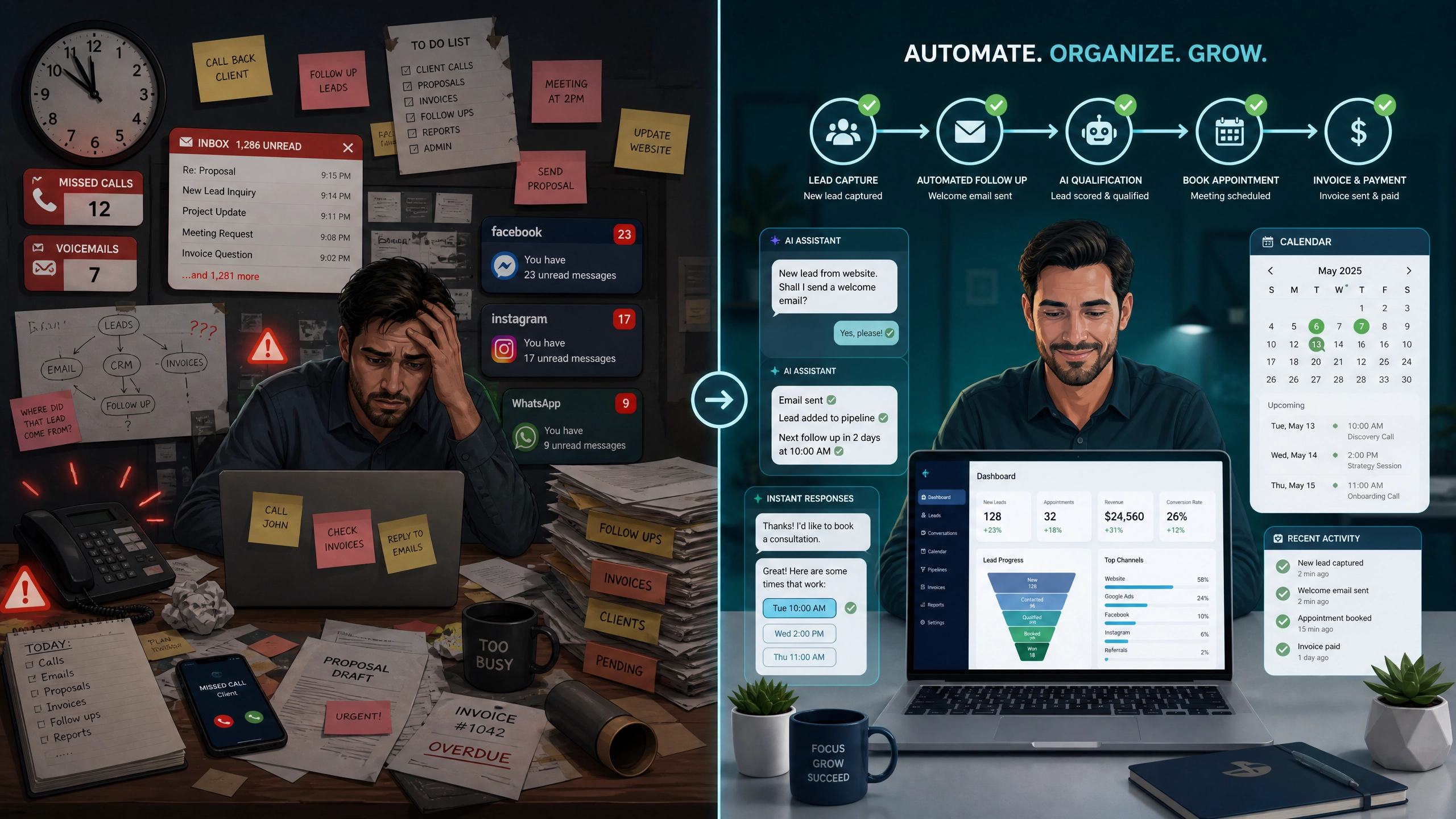 Modern robotic arm and digital workflow nodes representing AI automation removing operational bottlenecks in a small business