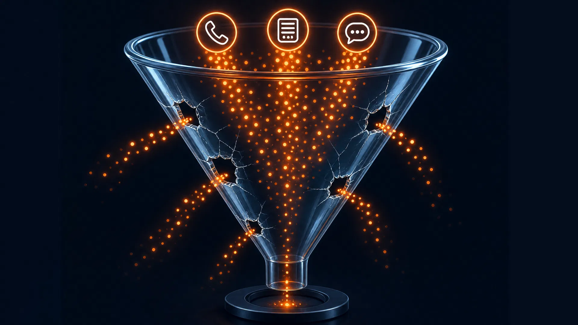Cracked glass sales funnel with orange lead-dots leaking out through gaps, representing missed calls and lost revenue opportunities in a small business