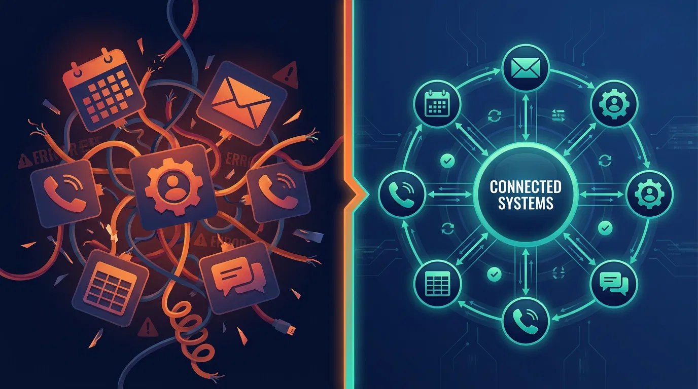 Tangled disconnected business software apps on the left transforming into a clean connected systems hub on the right