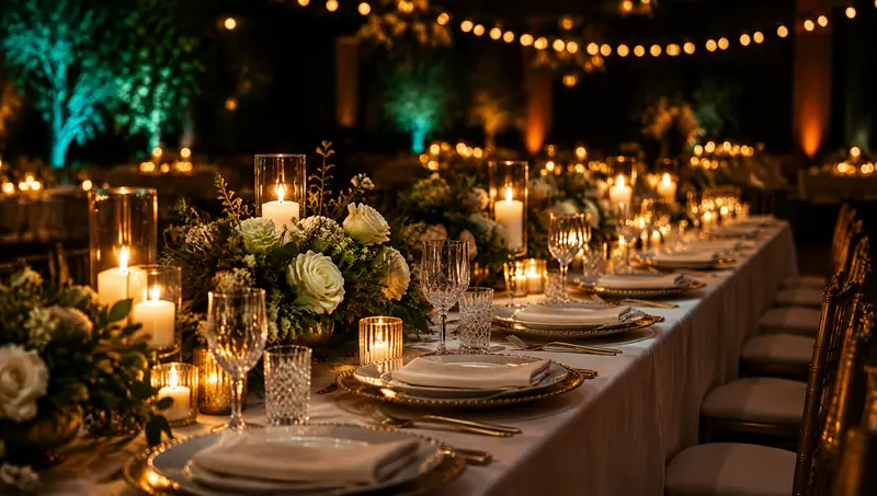 Elegant candlelit wedding reception table with white linens, gold-rimmed place settings, crystal glassware, and ivory rose centerpieces under warm string lights, ready for guests