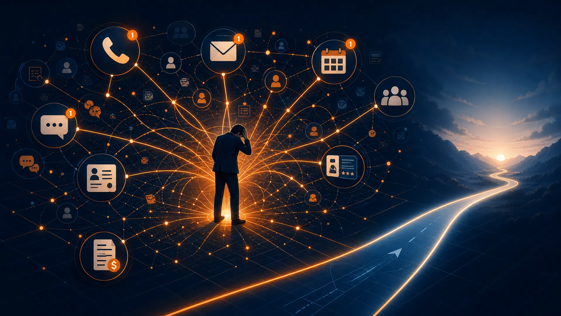 Business owner standing at the center of a web of glowing orange lines connecting to every business task — phone calls, emails, calendar, CRM — with an open road ahead