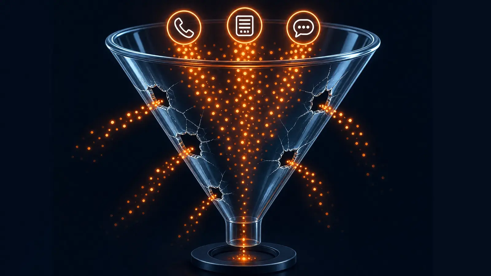 Cracked glass sales funnel with orange lead-dots leaking out through gaps, representing missed calls and lost revenue opportunities in a small business