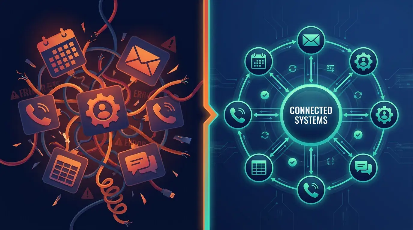 Tangled disconnected business software apps on the left transforming into a clean connected systems hub on the right