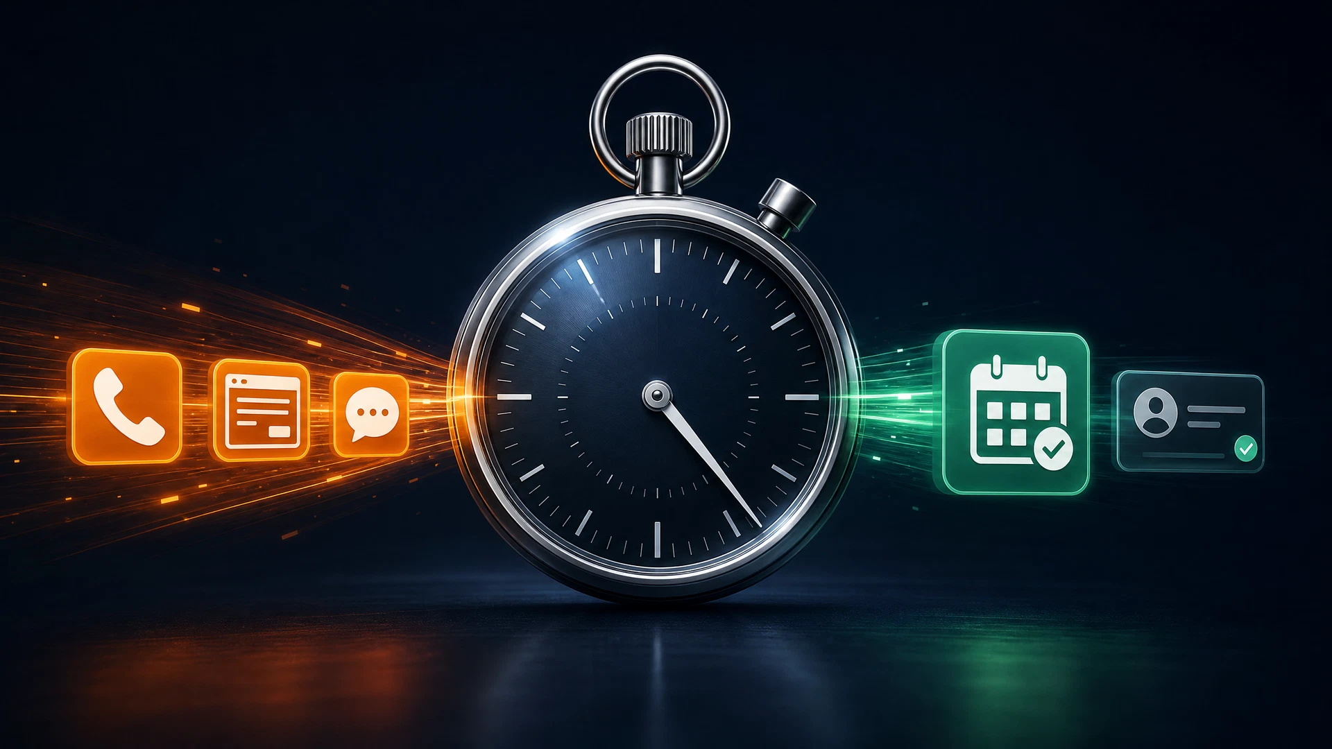 Elegant stopwatch at five minutes transforming phone, text, and web inquiry signals into a booked appointment and CRM contact