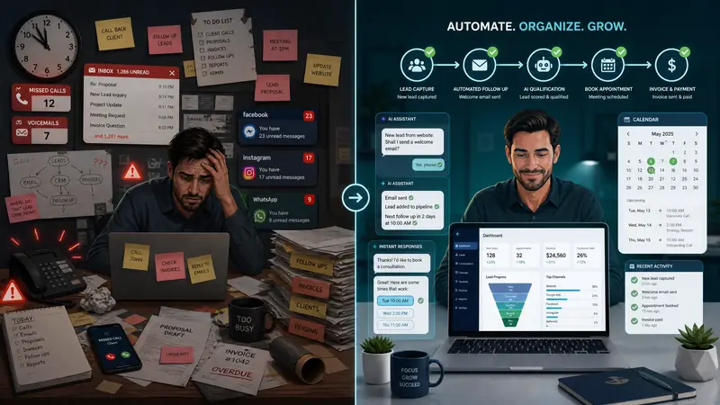 Modern robotic arm and digital workflow nodes representing AI automation removing operational bottlenecks in a small business